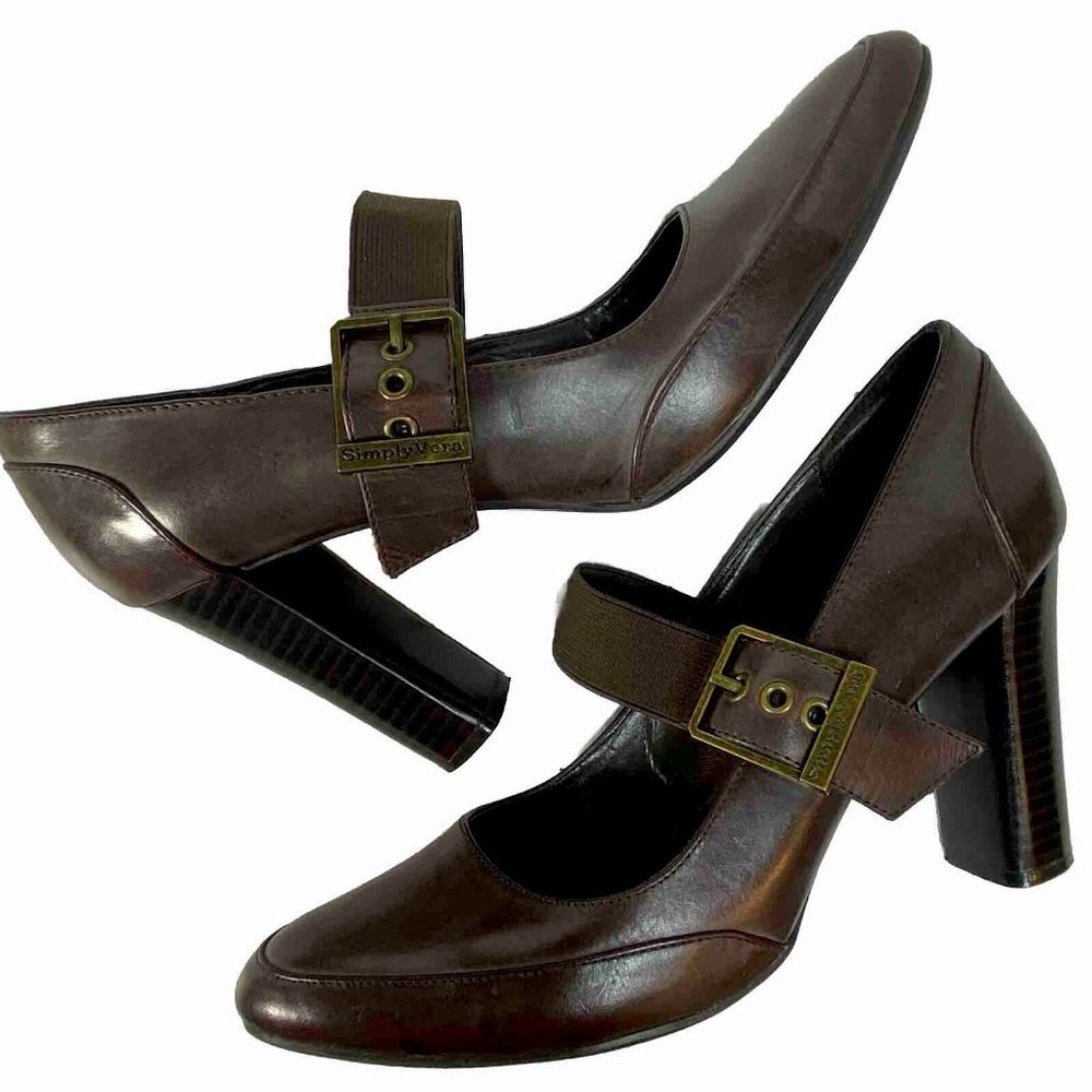 SIMPLY VERA VERA WANG Mary Jane Jardine Brown Leather Heels Women's Size 8